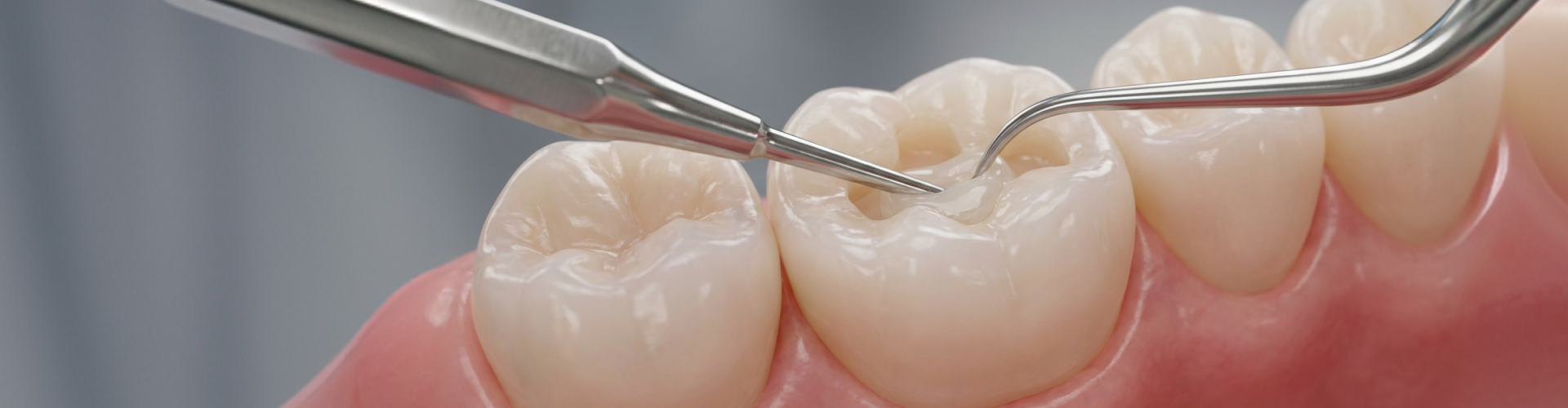 Close-up illustration of a cavity filling procedure, with dental instruments preparing a decayed molar before placing a tooth-colored filling to restore its strength and function.